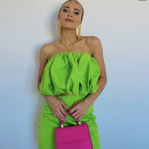 NWT ZARA VOLUMINOUS SATIN EFFECT CROPPED TOP NEON GREEN XS,S,M,L